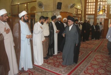 الحوزة العلمية ولجنة الارشاد والتعبئة للدفاع عن عراق المقدسات تقيم مجلسا تأبينيا على روح الفقيد القائد الشيخ كريم عبد الحسين الخاقاني في جامع عمران بن شاهين داخل العتبة العلوية المقدسة
